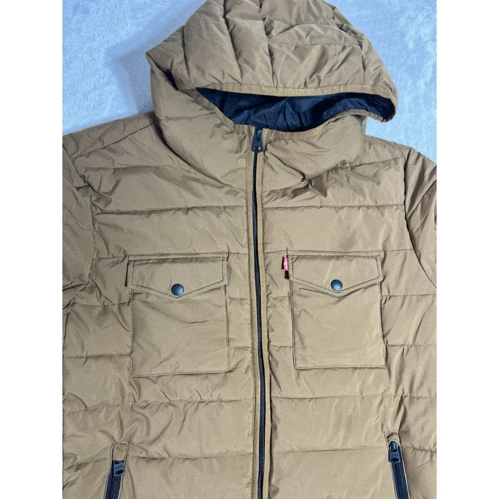 Levi's Men's L Brown Quilted Pockets Jacket Parka Puffer Hoodie Winter Hood EUC